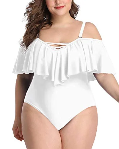 Sports bikini for high - intensity water activities like surfingSexy Lace-Up Plus Size Off The Shoulder Swimwear Removable Straps-White Sports bikini for high - intensity water activities like surfingSexy Lace-Up Plus Size Off The Shoulder Swimwear Removable Straps-White