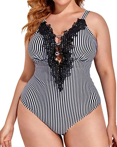 Monokini - style bikini with a unique one - piece - meets - bikini designSexy Lace Up Tummy Control Slimming Plus Size One Piece Swimsuits-Black And White Stripe Monokini - style bikini with a unique one - piece - meets - bikini designSexy Lace Up Tummy Control Slimming Plus Size One Piece Swimsuits-Black And White Stripe