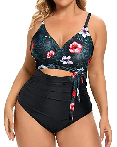 Metallic - finish bikini for a glamorous and eye - catching poolside lookSexy Wrap Criss Cross Belted Plus Size One Piece Swimsuits-Black Floral Metallic - finish bikini for a glamorous and eye - catching poolside lookSexy Wrap Criss Cross Belted Plus Size One Piece Swimsuits-Black Floral