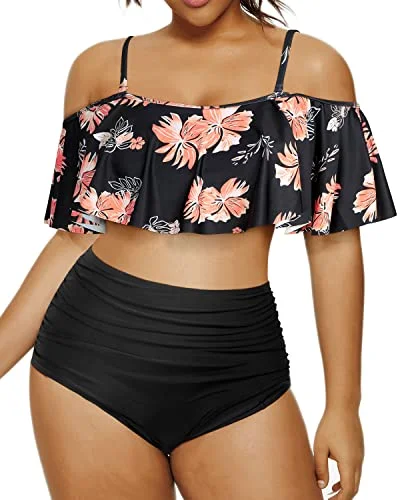 Striped bikini with a classic pattern for a timeless beach aestheticFlirty Ruffle High Waisted Bikini Set For Plus Size Women-Black Orange Floral Striped bikini with a classic pattern for a timeless beach aestheticFlirty Ruffle High Waisted Bikini Set For Plus Size Women-Black Orange Floral