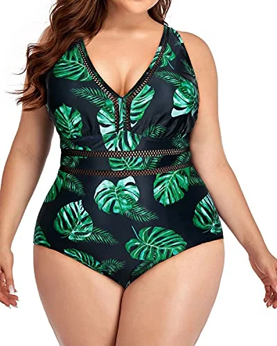 Tie - side bikini bottoms for an adjustable and stylish fitComfortable And Attractive Plus Size Backless Bathing Suit-Black And Green Leaf Tie - side bikini bottoms for an adjustable and stylish fitComfortable And Attractive Plus Size Backless Bathing Suit-Black And Green Leaf