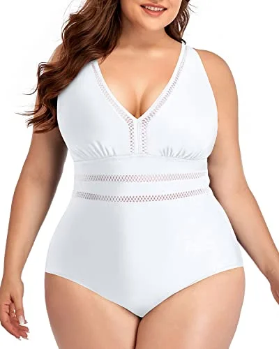 Long - line bikini top for added support and a fashionable lookSexy Backless Plus Size Swimsuit V-Neck For Curvy Women-White Long - line bikini top for added support and a fashionable lookSexy Backless Plus Size Swimsuit V-Neck For Curvy Women-White