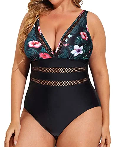 Tie - side bikini bottoms for an adjustable and stylish fitSexy V Neck Tummy Control Plus Size Swimsuits-Black Floral Tie - side bikini bottoms for an adjustable and stylish fitSexy V Neck Tummy Control Plus Size Swimsuits-Black Floral
