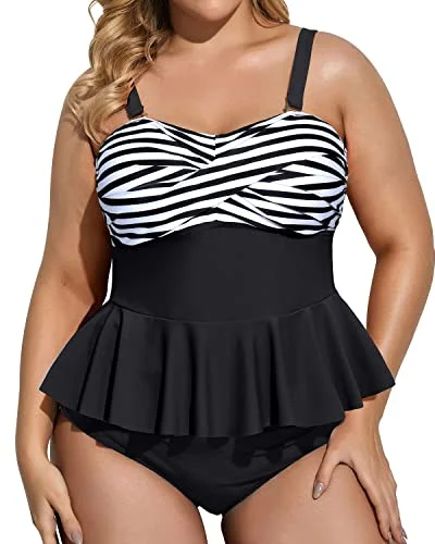 Tropical - themed bikini for a vacation - ready beach outfitTwist Front Removable Strap Two Piece Plus Size Swimsuit-Black And White Stripe Tropical - themed bikini for a vacation - ready beach outfitTwist Front Removable Strap Two Piece Plus Size Swimsuit-Black And White Stripe