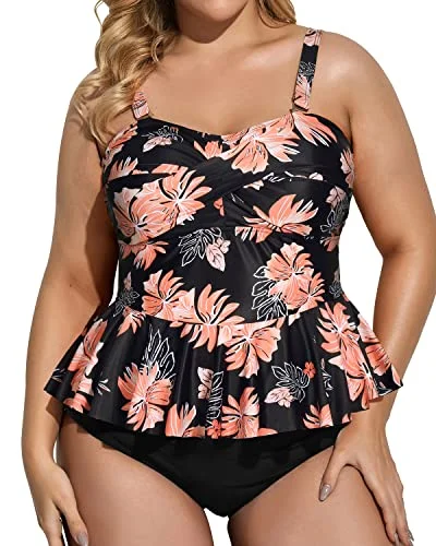 Push - up bikini top to enhance the bust for a confident beach appearancePeplum Twist Front Two Piece Tankini Set-Black Orange Floral Push - up bikini top to enhance the bust for a confident beach appearancePeplum Twist Front Two Piece Tankini Set-Black Orange Floral