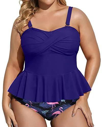 Ruched bikini with fabric gathers for a slimming effectAdjustable Strap Peplum Tankini Top High Waisted Tummy Control Bottom Plus Size Swimsuit-Blue Flamingo Ruched bikini with fabric gathers for a slimming effectAdjustable Strap Peplum Tankini Top High Waisted Tummy Control Bottom Plus Size Swimsuit-Blue Flamingo