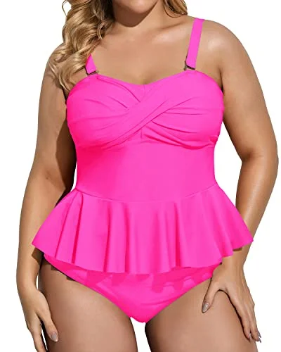 Metallic - finish bikini for a glamorous and eye - catching poolside lookRetro Style Peplum Tankini High Waisted Tummy Control Bottom Plus Size Swimsuit-Neon Pink Metallic - finish bikini for a glamorous and eye - catching poolside lookRetro Style Peplum Tankini High Waisted Tummy Control Bottom Plus Size Swimsuit-Neon Pink
