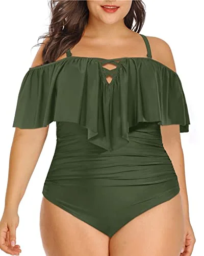 High - waisted bikini for a retro and tummy - flattering lookHalter Neck Tummy Control Plus Size One Piece Swimsuits-Army Green High - waisted bikini for a retro and tummy - flattering lookHalter Neck Tummy Control Plus Size One Piece Swimsuits-Army Green