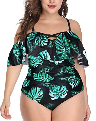 Lace - trimmed bikini for an elegant and romantic touchRetro Style Tummy Control Plus Size One Piece Swimsuits-Black And Green Leaf Lace - trimmed bikini for an elegant and romantic touchRetro Style Tummy Control Plus Size One Piece Swimsuits-Black And Green Leaf