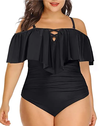 Sustainable bikini made from recycled materials for eco - conscious beachgoersChic Lace Up Ruffled Plus Size One Piece Swimsuits For Curvy Women-Black Sustainable bikini made from recycled materials for eco - conscious beachgoersChic Lace Up Ruffled Plus Size One Piece Swimsuits For Curvy Women-Black