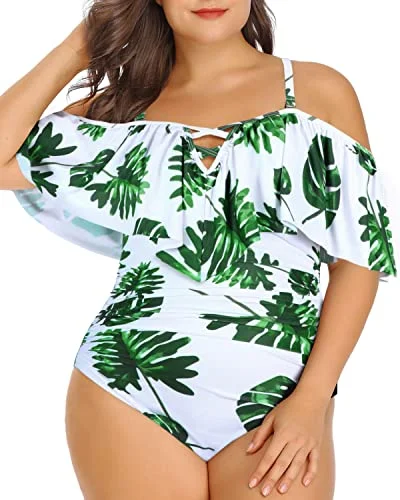 High - waisted bikini for a retro and tummy - flattering lookRetro Style Tummy Control Plus Size Ruffled Swimsuit-White Leaf High - waisted bikini for a retro and tummy - flattering lookRetro Style Tummy Control Plus Size Ruffled Swimsuit-White Leaf