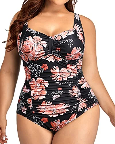 High - waisted bikini for a retro and tummy - flattering lookRemovable Padded Push Up Bra Swimsuits For Plus Size Women-Black Orange Floral High - waisted bikini for a retro and tummy - flattering lookRemovable Padded Push Up Bra Swimsuits For Plus Size Women-Black Orange Floral