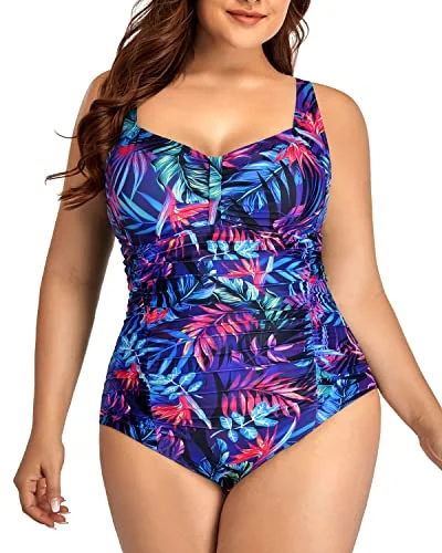 Long - line bikini top for added support and a fashionable lookClasp Hook Closure Retro One Piece Swimsuits For Curvy Women-Blue Leaves Long - line bikini top for added support and a fashionable lookClasp Hook Closure Retro One Piece Swimsuits For Curvy Women-Blue Leaves