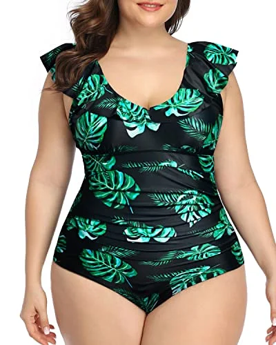 Metallic - finish bikini for a glamorous and eye - catching poolside lookTummy Control Plus Size One Piece Swimsuits-Black And Green Leaf Metallic - finish bikini for a glamorous and eye - catching poolside lookTummy Control Plus Size One Piece Swimsuits-Black And Green Leaf