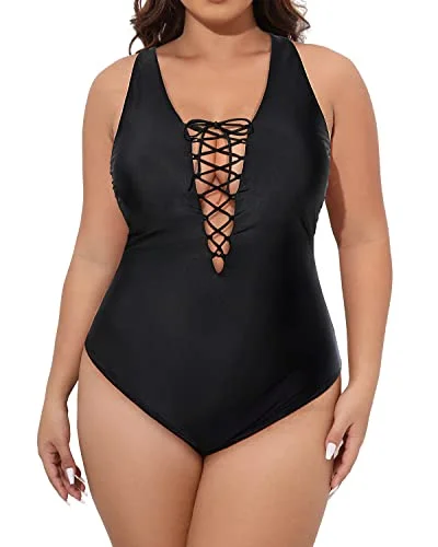 Neon - colored bikini to stand out on the beachPlunging Lace-Up Plus Size One Piece Swimsuits For Women-Black Neon - colored bikini to stand out on the beachPlunging Lace-Up Plus Size One Piece Swimsuits For Women-Black