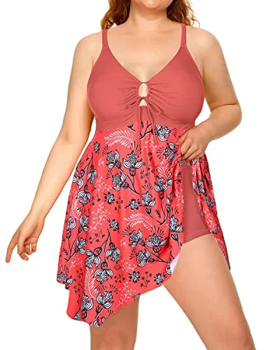 Tropical - themed bikini for a vacation - ready beach outfitWomen Flowy Plus Size Swimdress Boyshorts For Big Bust-Pink Flower Tropical - themed bikini for a vacation - ready beach outfitWomen Flowy Plus Size Swimdress Boyshorts For Big Bust-Pink Flower