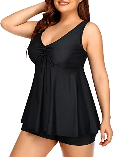 Tie - side bikini bottoms for an adjustable and stylish fitFlowy Push Up Tankini Top High Waisted Boyshorts For Curvy Women-Black Tie - side bikini bottoms for an adjustable and stylish fitFlowy Push Up Tankini Top High Waisted Boyshorts For Curvy Women-Black