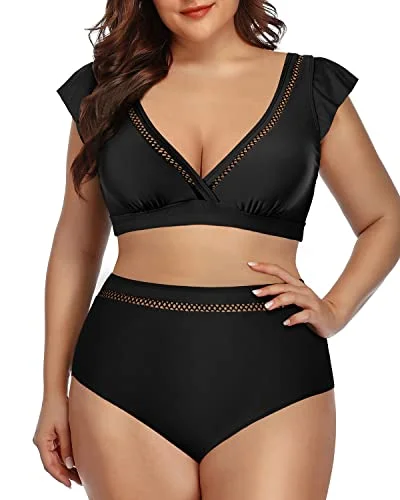 Neon - colored bikini to stand out on the beachRuffled Sleeve Bikini Top And High Waisted Bottom Two Piece Swimsuits For Women-Black Neon - colored bikini to stand out on the beachRuffled Sleeve Bikini Top And High Waisted Bottom Two Piece Swimsuits For Women-Black